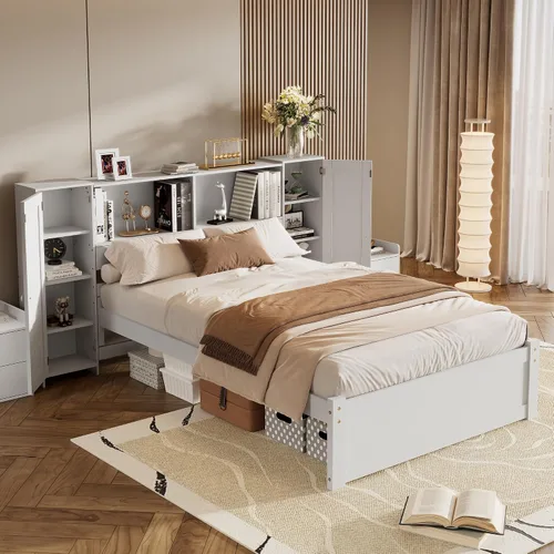 Vista 12 de Cama de plataforma de tamaño individual con cabecera de almacenamiento y taquillas, cabecera de almacenamiento multifuncional con 3 estantes Gris-t