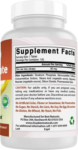 Vista 6 de Best Naturals Suplementos de zinc de 30 mg (como citrato de zinc), vitaminas de zinc para adultos, apoyo inmunológico, 120 tabletas