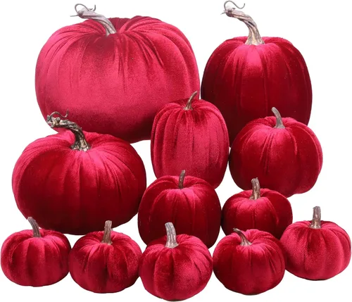 Vista 10 de Gresorth 12 calabazas artificiales grandes de terciopelo para Halloween, hechas a mano, decoración de centro de mesa de cosecha de otoño