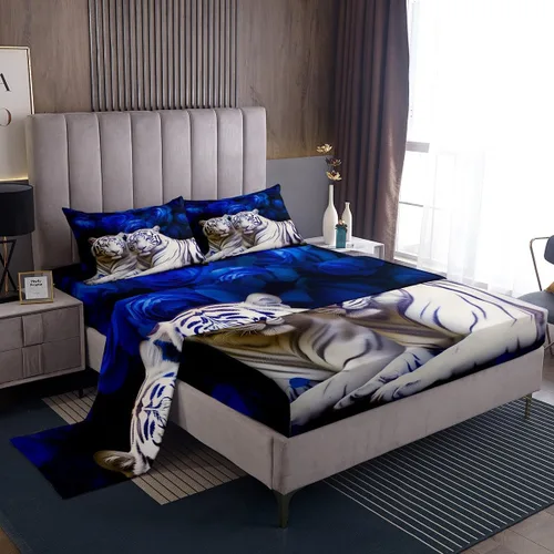 Vista 37 de Erosebridal Sábanas de cama de guepardo con rosa roja, juego de sábanas de bolsillo profundo con estampado de leopardo y gato, sábana bajera