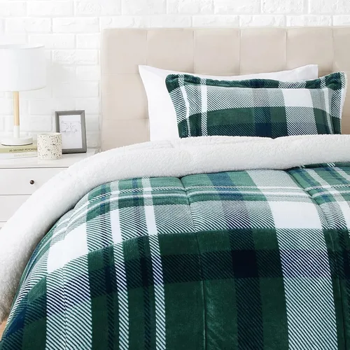 Vista 8 de Amazon Basics - Juego de ropa de cama de 3 piezas, Micromink Sherpa, ultrasuave, edredón cálido para todas las estaciones, tamaño Full/Queen, negro