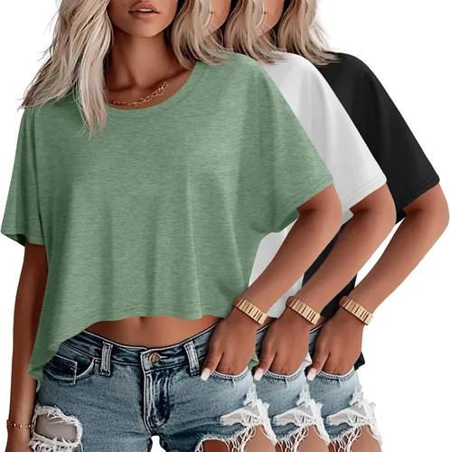 Vista 12 de Huukeay Paquete de 3 camisetas recortadas de gran tamaño para mujer, manga corta, holgadas, cuello redondo, holgadas, para entrenamiento