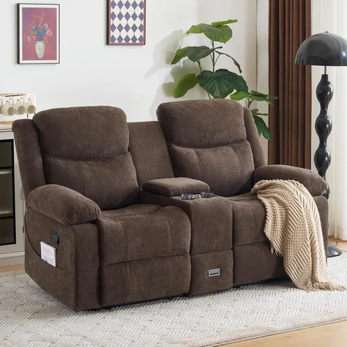 Vista 10 de Sofá reclinable de dos plazas con consola, color azul Manual Recliner Loveseat with Phone Holders, Storage Drawer, Cup Holders, Side Pockets, Dual