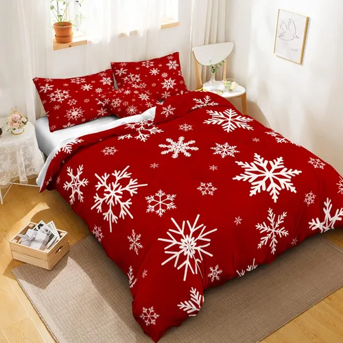 Vista 8 de Juego de ropa de cama de Navidad con funda de edredón de copos de nieve, color blanco y rojo, con estampado navideño, juego de ropa de cama festiva