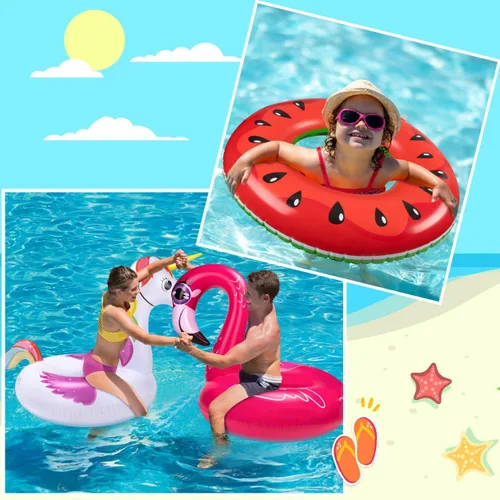 Vista 6 de Juego de 3 flotadores de piscina para adultos, unicornio + flamenco + sandía, flotadores inflables de playa para adultos, niños de 8 a 12 años