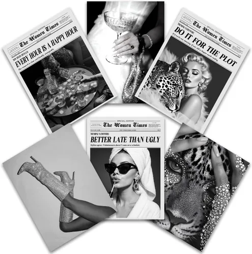Vista 2 de Juego de 6 láminas de arte de pared feminista en blanco y negro – Impresiones elegantes estilo academia, preppy, glam, retro al estilo de periódico