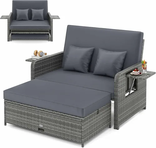 Vista 14 de LDAILY Moccha - Sofá cama para exteriores, sofá biplaza de mimbre con respaldo ajustable de 4 posiciones, otomana de almacenamiento, cojines Beige