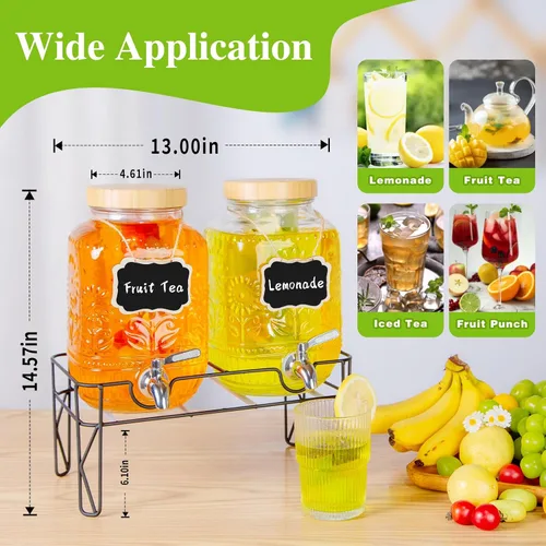 Vista 2 de Paquete de 2 dispensadores de bebidas de vidrio de 1 galón para fiestas, dispensador de bebidas con espita de acero inoxidable a prueba de fugas