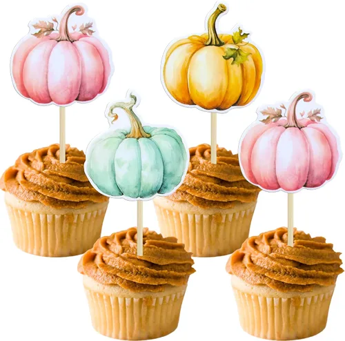 Vista 11 de 24 adornos de calabaza para cupcakes con purpurina para otoño, hojas, flores, calabaza, cupcakes, decoración de pasteles para Halloween, decoración