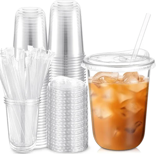 Vista 12 de Ziliny Paquete de 25 vasos de plástico transparente de 12 onzas con tapas para sorbos y pajitas, tazas desechables para café helado de cristal