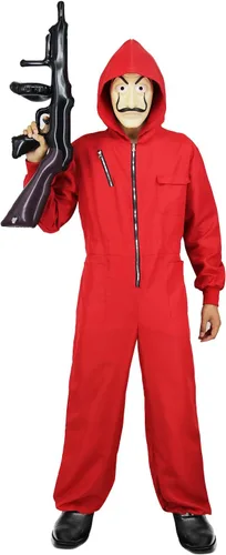 Vista 4 de QUJQOM Disfraz rojo de Halloween, disfraz de dinero, trajes de cosplay para adultos, unisex, para hombres y mujeres, con máscara