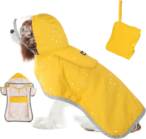 Vista 10 de SlowTon Chubasquero para perros, chaqueta de lluvia ajustable para perros con capucha transparente de doble capa, poncho impermeable con tiras