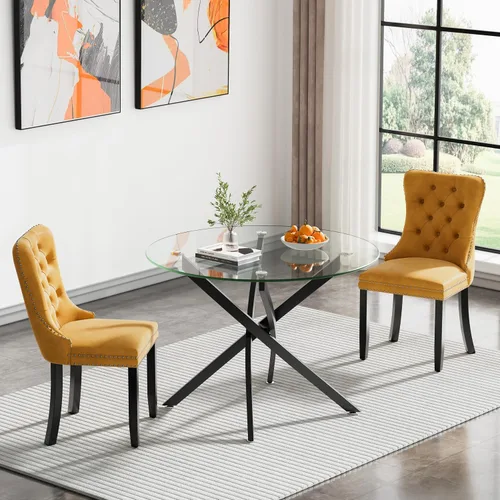 Vista 106 de Juego de mesa de comedor SSLine moderno de 3 piezas con mesa redonda de vidrio para 2, lujosa mesa de comedor circular de 36" con tapa de vidrio
