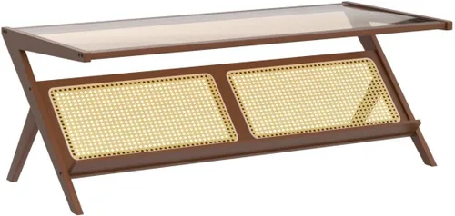Vista 5 de Bamworld - Mesa de centro moderna de mediados de siglo con tapa de vidrio, mesa central de ratán con almacenamiento para sala de estar, color marrón