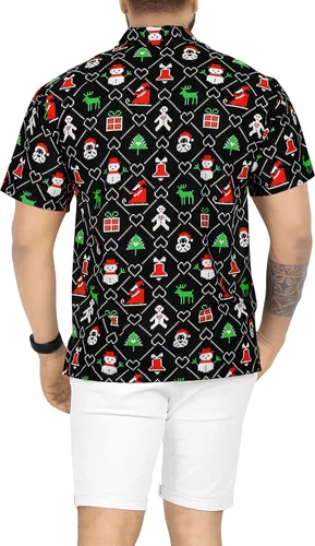 Vista 4 de LA LEELA Camisa de vestir de manga corta para hombre, diseño de Papá Noel, para vacaciones, hawaiano, de Navidad, para hombre