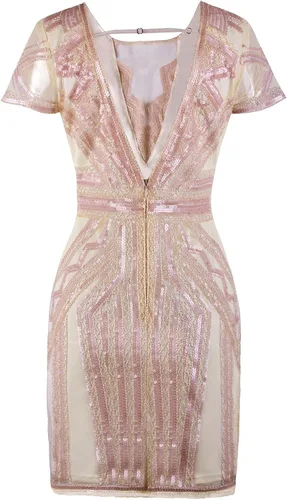 Vista 4 de Vijiv - Vestido corto de graduación con escote y lentejuelas inspirado en vestidos antiguos de 1920