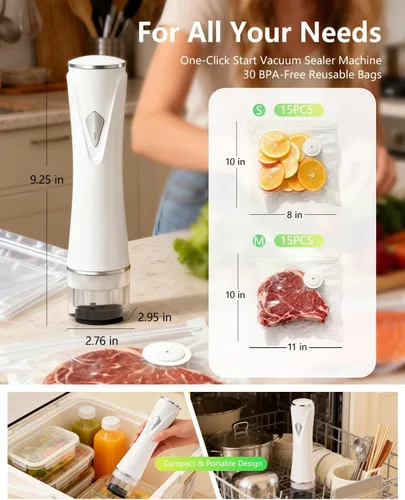 Vista 3 de Sellador al vacío de mano para alimentos con tanque de agua visible, potente máquina selladora al vacío compacta con 30 bolsas de vacío
