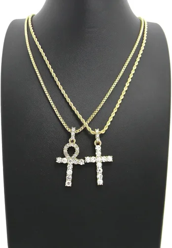 Vista 2 de Shiny Jewelers USA Juego de collar de cadena con forma de cruz de tobillo egipcia para hombre (llave de vida), Metal, Circonia cúbica