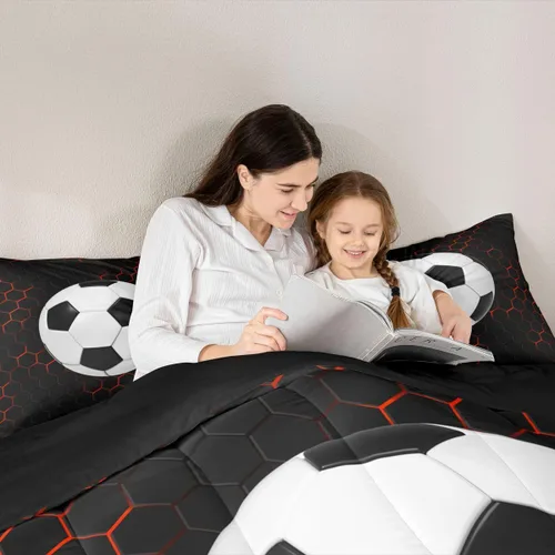 Vista 5 de Juego de edredón de panal negro y rojo para adolescentes, jóvenes y adultos, juego de ropa de cama de fútbol y fútbol, juegos de edredón hexagonales