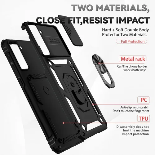 Vista 5 de Asuwish Funda de teléfono para Samsung Galaxy S21 FE 5G con protector de pantalla de vidrio templado y soporte delgado, funda protectora híbrida