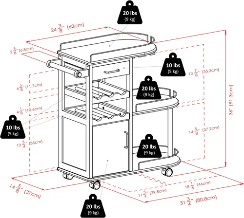 Vista 6 de Winsome Carrito de servir para cocina, Madera, Espresso oscuro