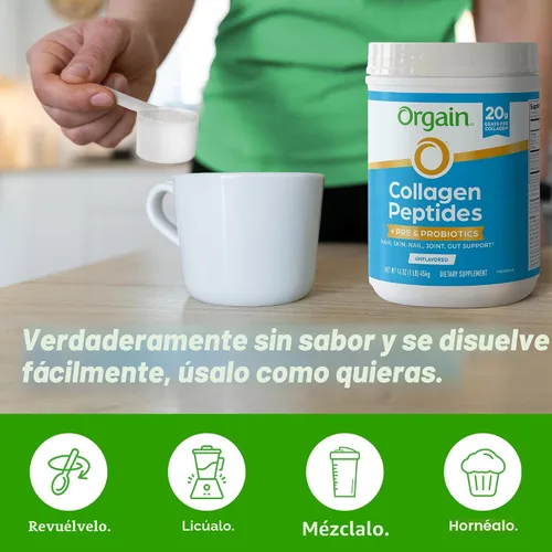 Vista 8 de Orgain - Péptidos de colágeno hidrolizado + Polvo de prebióticos y probióticos para mujeres y hombres, 20 g de colágeno alimentado con pasto, 1 mil