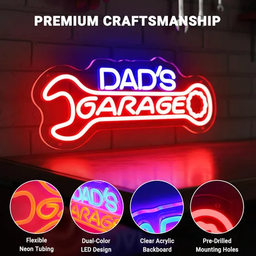 Vista 3 de Letrero de neón para garaje de papá, decoración de pared de garajes LED para taller, regalos para marido, papá, padre, hombres, rojo y azul