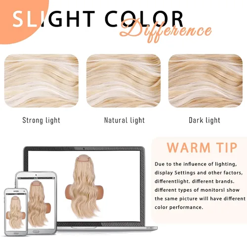 Vista 4 de Extensiones de cabello con clip de Vigorous de 20 pulgadas, con reflejos rubio playa, extensiones de cabello ondulado largo y suave de cabello