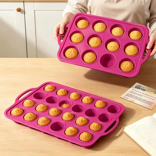 Vista 13 de Mini Molde de Silicona para Muffins con Marco de Metal, Molde de Silicona Antiadherente para Cupcakes con Asas de 24 Tazas, Bandeja de Molde