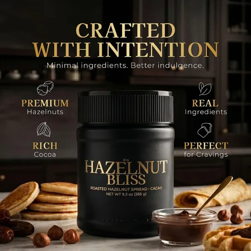 Vista 5 de 314 Hazelnut Bliss Premium Cacao Avellana para untar, 80% avellanas tostadas, endulzado con dátiles, 3 ingredientes, sin aceite de palma, 9.3 oz