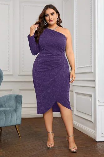 Vista 8 de KIMCURVY Vestido midi con purpurina para mujer, talla grande, con un hombro descubierto, fruncido, para fiesta de cóctel