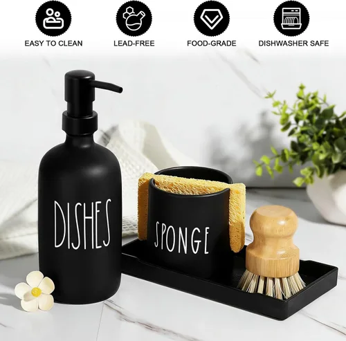 Vista 3 de Dispensador de jabón para platos para cocina, dispensador de jabón de platos de vidrio con soporte para esponja, juego de dispensador negro