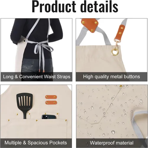 Vista 3 de Aoomzoon Delantal de cocina duradero, delantales de chef multifuncionales para mujeres y hombres con bolsillos para cocinar, hornear y uso diario