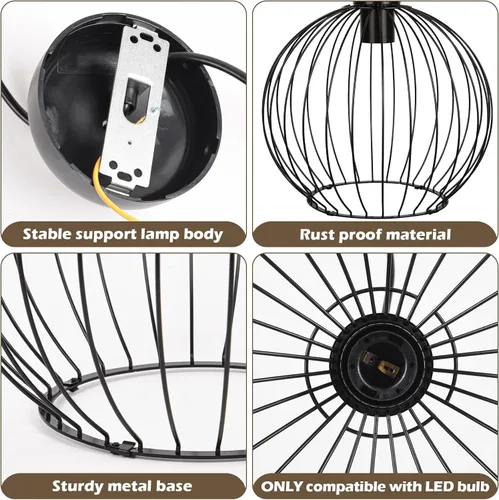 Vista 6 de GLOBOTECH Lámpara de araña industrial moderna de bola negra, lámpara colgante de jaula de metal, base E26 (sin bombilla), requiere montaje