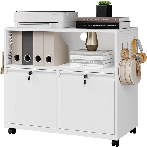 Vista 10 de Letaya Archivador móvil de 2 cajones con cerradura, soporte lateral de metal para impresora, gabinetes de almacenamiento de archivos con estantes