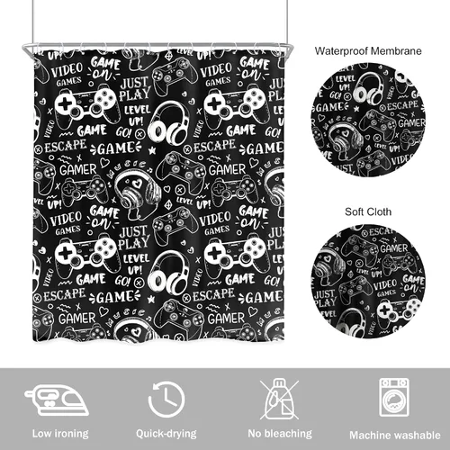 Vista 6 de Newsely Cortina de ducha para niños, 60 pulgadas de ancho x 72 pulgadas de alto, juego de cortina de ducha para videojuegos, videojuegos