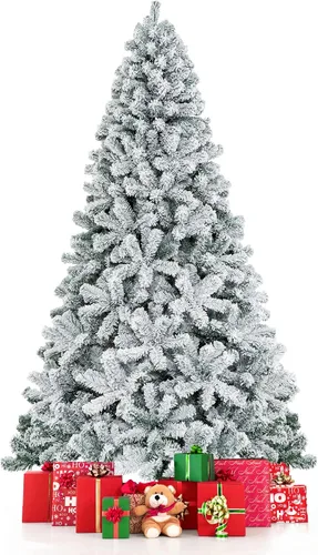 Vista 11 de COSTWAY Árbol de Navidad flocado de nieve de 6 pies, pino artificial con bisagras Blanco