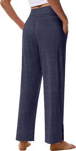 Vista 3 de 3 piezas de pantalones de yoga de pierna ancha para mujer, pantalones de descanso de cintura alta con bolsillos, pantalones deportivos de yoga