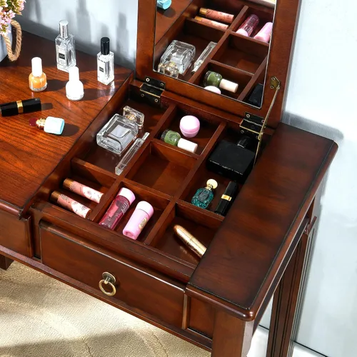 Vista 7 de Escritorio pequeño con juego de taburetes, mesa de tocador de maquillaje con espejo abatible y taburete tapizado, tocadores de madera maciza con 2
