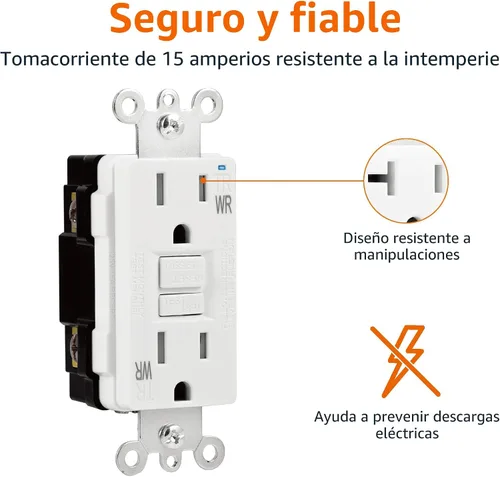 Vista 3 de Amazon Basics Receptáculo GFCI resistente a la intemperie con indicador LED, resistente a manipulaciones, protección contra fallas a tierra, 15