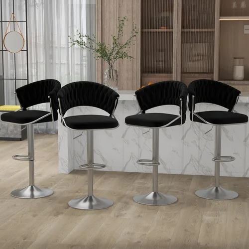 Vista 22 de Juego de 2 taburetes de bar giratorios de 360° con respaldo alto, silla de bar de terciopelo ajustable moderna de altura de mostrador, taburete