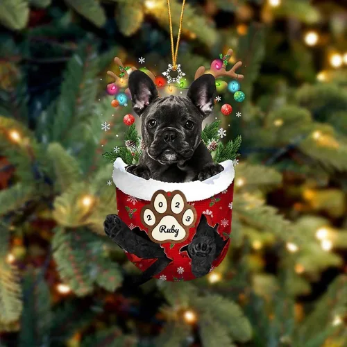 Vista 10 de Adornos personalizados de Pug cervatillo – Decoración personalizada para árbol de Navidad con patas de bolsillo de nieve
