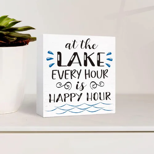 Vista 3 de Letrero de madera con texto en inglés "Lake Every Hour is Happy Hour", decoración de escritorio para el hogar, dormitorio, oficina, escritorio