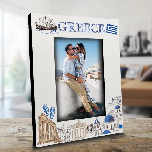 Vista 2 de ELLA BUSTA - Marco de fotos Grecia para boda, compromiso, luna de miel, vacaciones en Grecia, símbolos de diseño con estampado UV (vertical de 5 x 7)