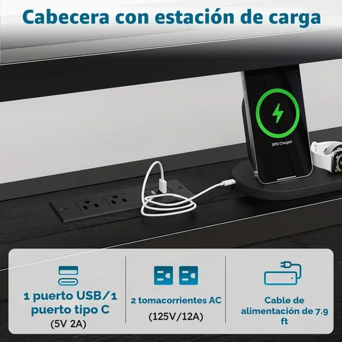 Vista 5 de Kiivakii Base de cama de tamaño matrimonial con cabecero, plataforma LED con 4 cajones de almacenamiento, estación de carga integrada, sin ruido