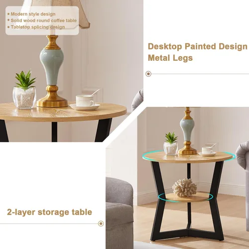 Vista 10 de Mesa auxiliar, mesa auxiliar redonda de madera para sala de estar con mesa de 2 niveles con estante de almacenamiento, diseño de soporte triangular