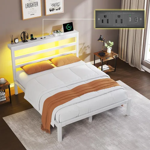 Vista 9 de E-Motie Marco de cama tamaño doble con cabecera de almacenamiento, plataforma industrial con estación de carga y luces LED, espacio