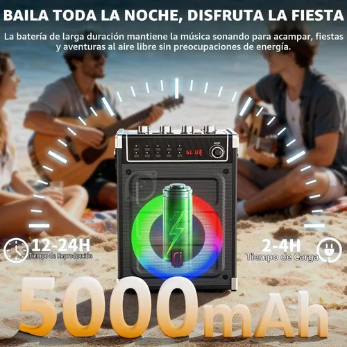 Vista 3 de JYX - Máquina de karaoke con 2 micrófonos inalámbricos, altavoz Bluetooth portátil con ajuste de graves/agudos y luz LED, compatible con TWS