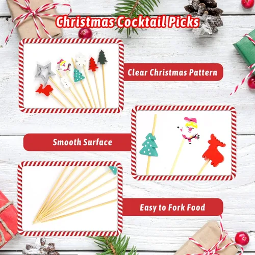Vista 3 de KIMOBER 160 palillos de cóctel de Navidad, varios palillos de dientes de frutas de bambú para alimentos, aperitivos, bebidas, decoración de pasteles