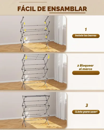 Vista 5 de KINGBOARD Tendedero de secado de ropa plegable con 11 postes, estante de secado de lavandería de 3 niveles, estante de secado de ropa pequeño